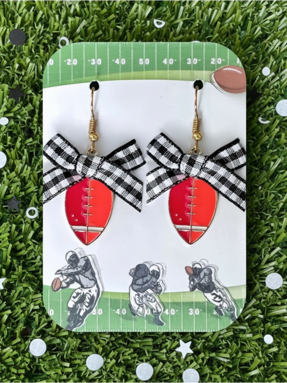 New Handmade Football Dangle Earrings with Buffalo Check Bows (1.8" l x 1.2" w)